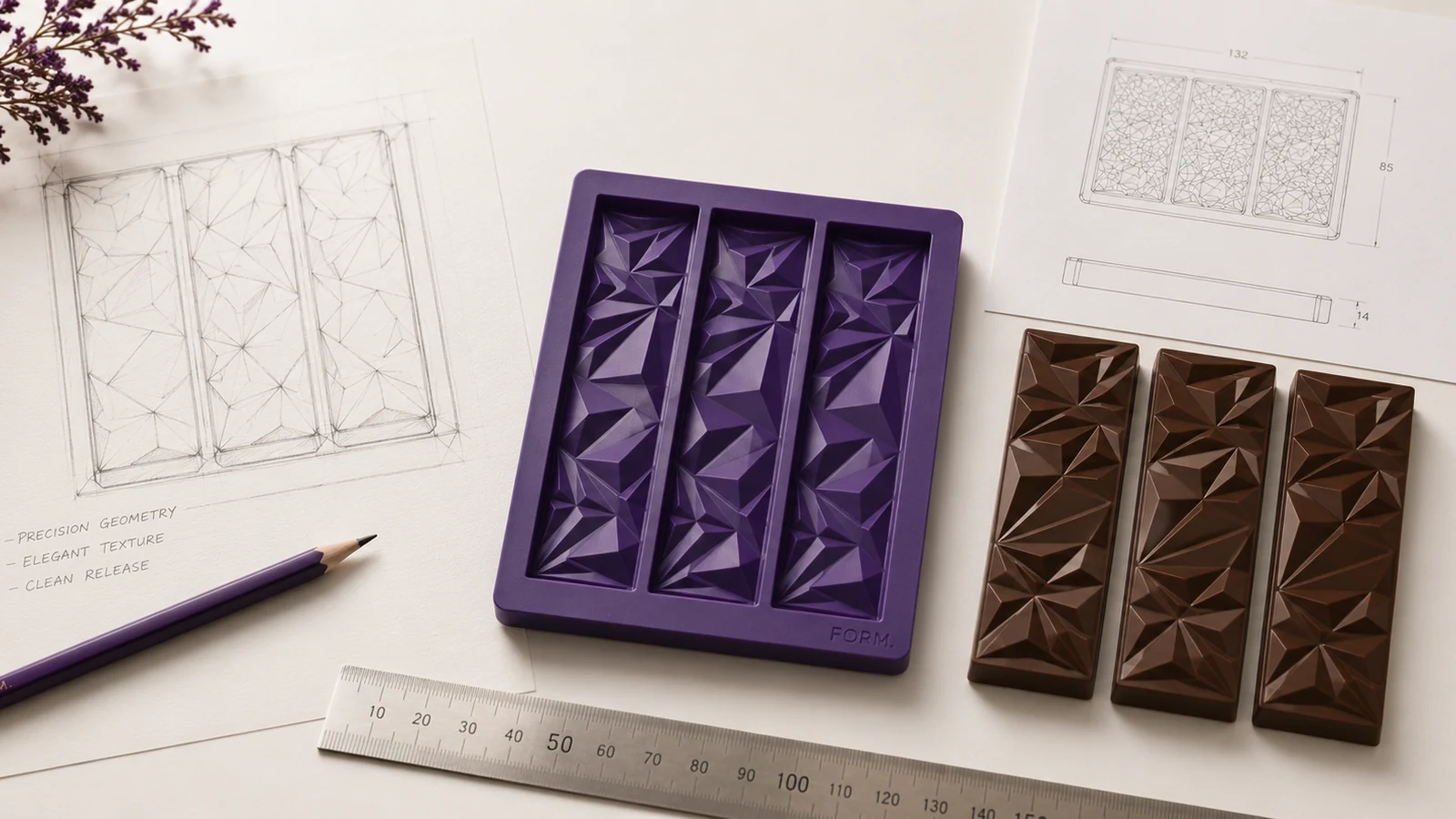 FORM custom mold process from sketch to silicone mold to finished chocolate pieces